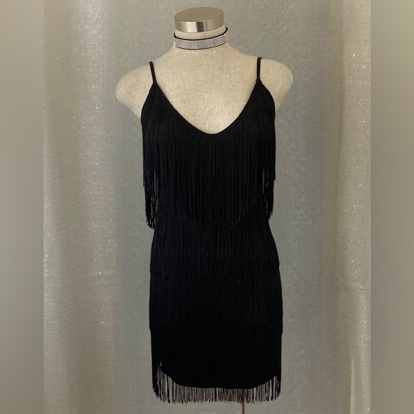 FRINGE Spaghetti strap black Mini Dress - Picture 4 of 5